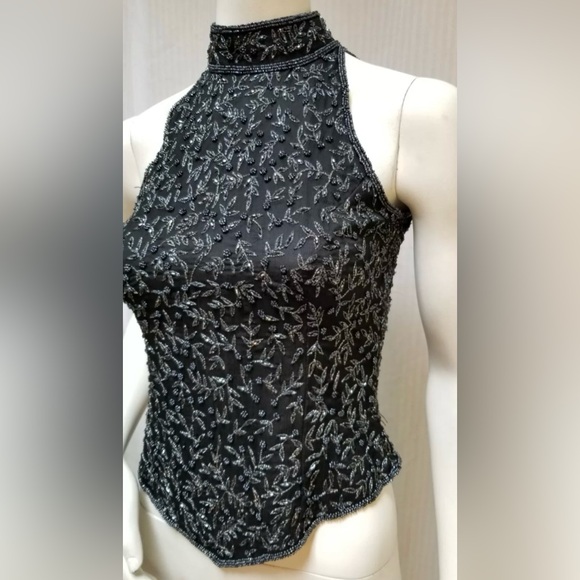 Vintage PAPELL BOUTIQUE Evening Black Silk Beaded Sleeveless Top Sz S/M Elegant - Picture 4 of 5